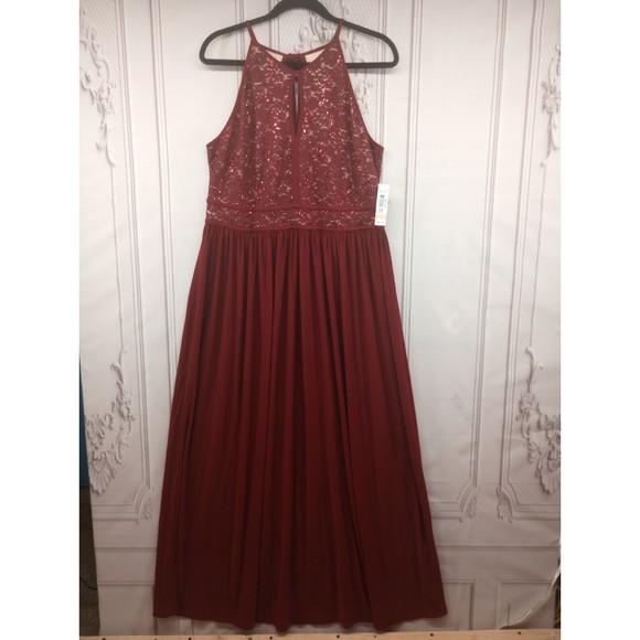 NWT NW Woman $89 Long Formal Gown SZ 14W Merlot/Nude Tie‎ Halter Keyhole Sequins - Picture 1 of 16